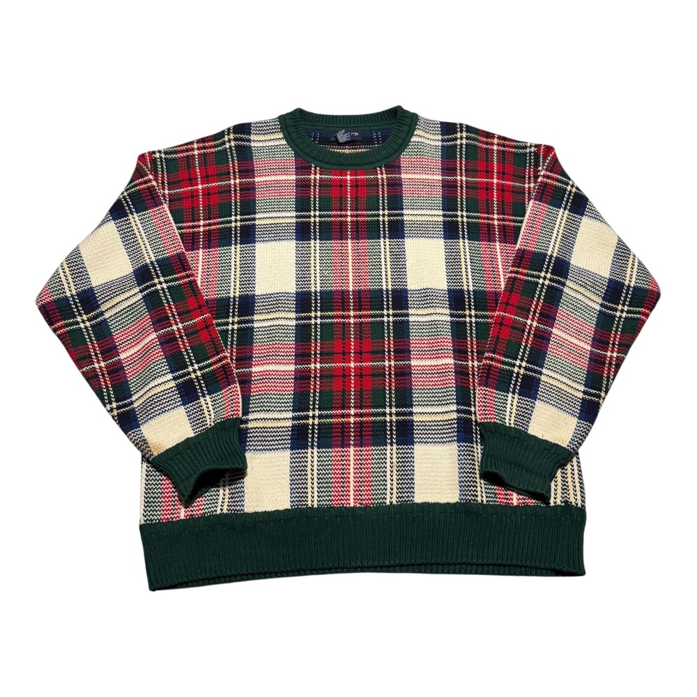 Vintage 90s Gant 100% Cotton Multicolor Plaid Crewneck Sweater Men's Large FLAWS